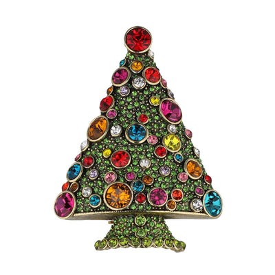Colorful gemstone Christmas tree brooch on a white background