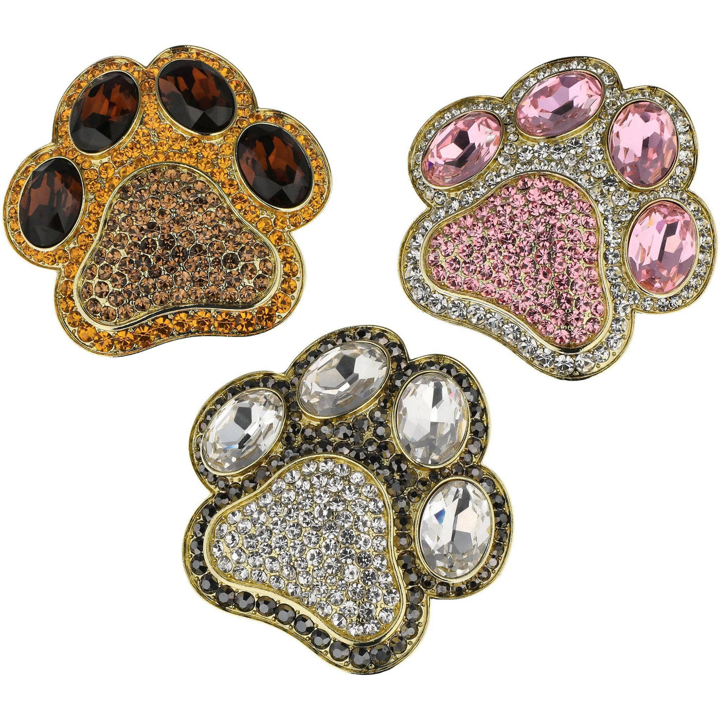 Three decorative paw-shaped pins with gemstones on a white background