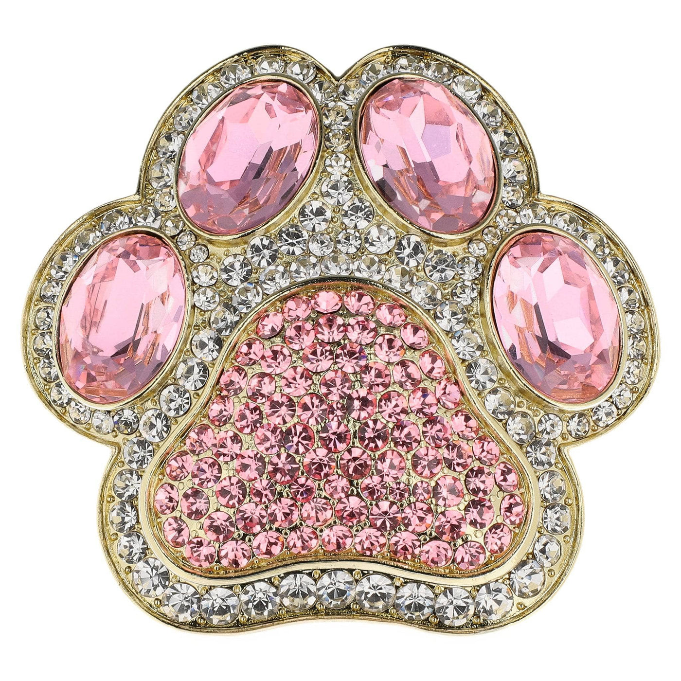 Decorative paw print with pink gemstones and gold border on a white background