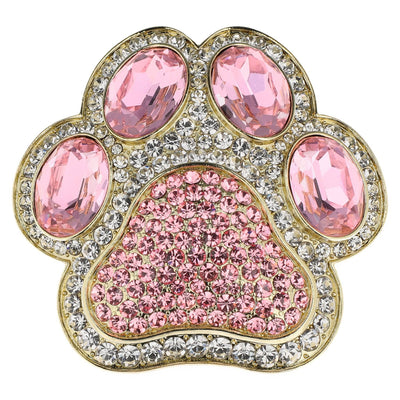 Decorative paw print with pink gemstones and gold border on a white background