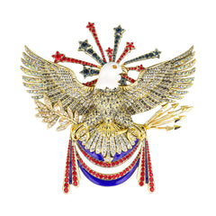 Decorative brooch with an eagle design featuring red, blue, and gold colors on a white background.