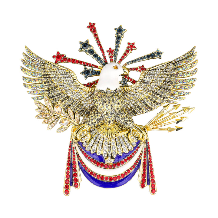 Decorative brooch with an eagle design featuring red, blue, and gold colors on a white background.