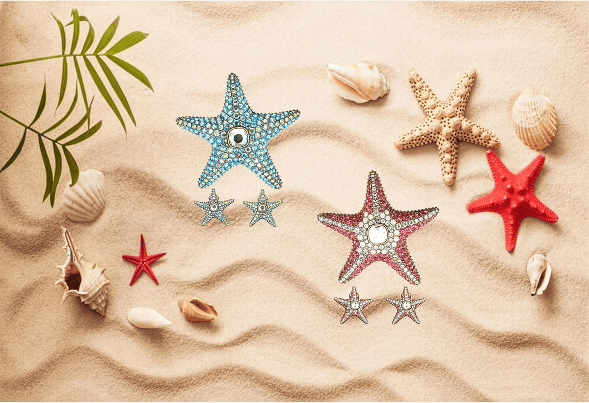 Colorful starfish and shells on a sandy background