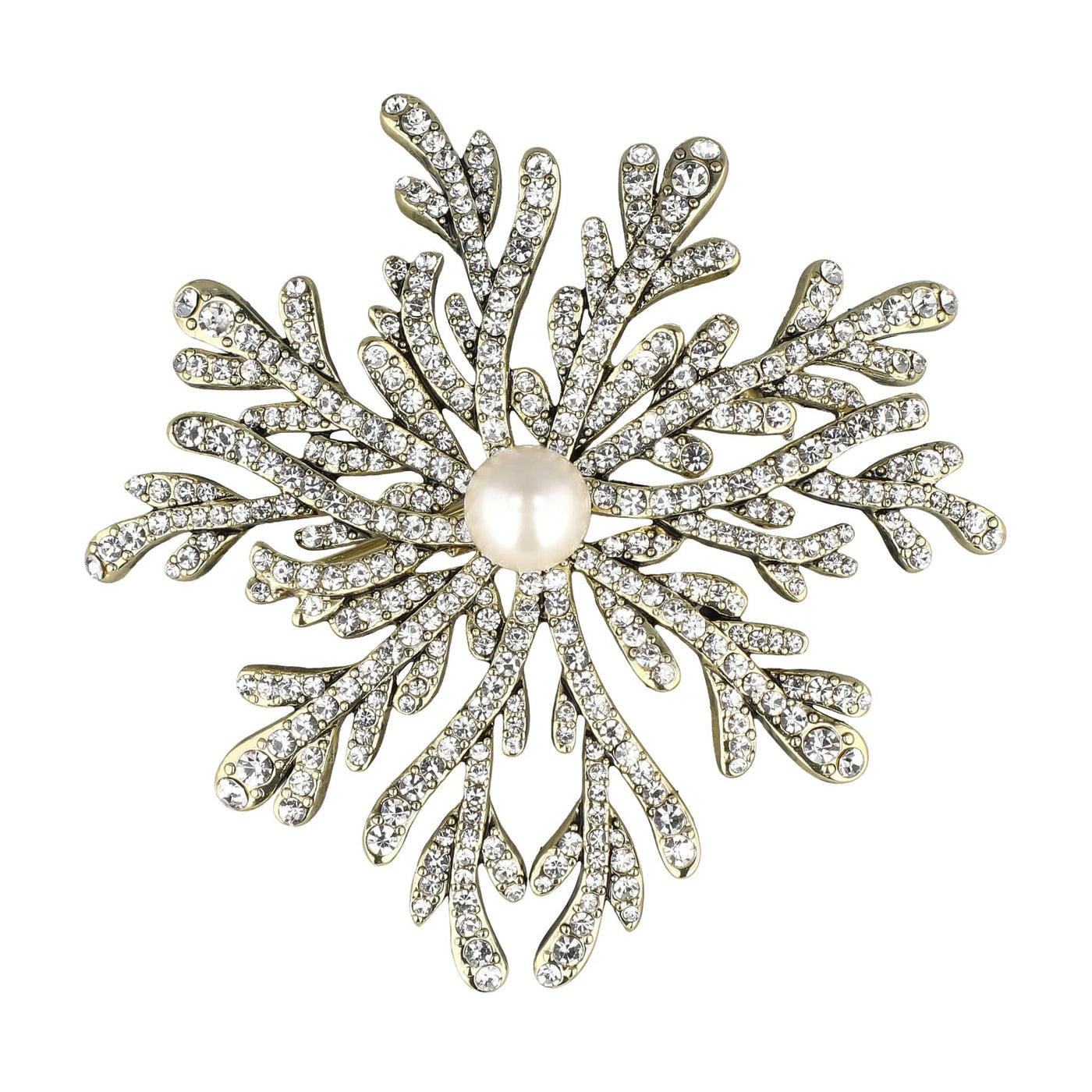 Decorative brooch with crystal-like elements and a pearl center on a white background