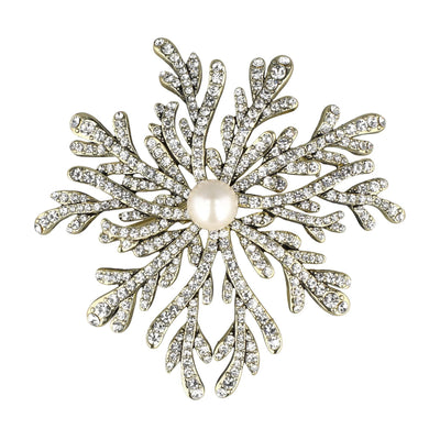 Decorative brooch with crystal-like elements and a pearl center on a white background