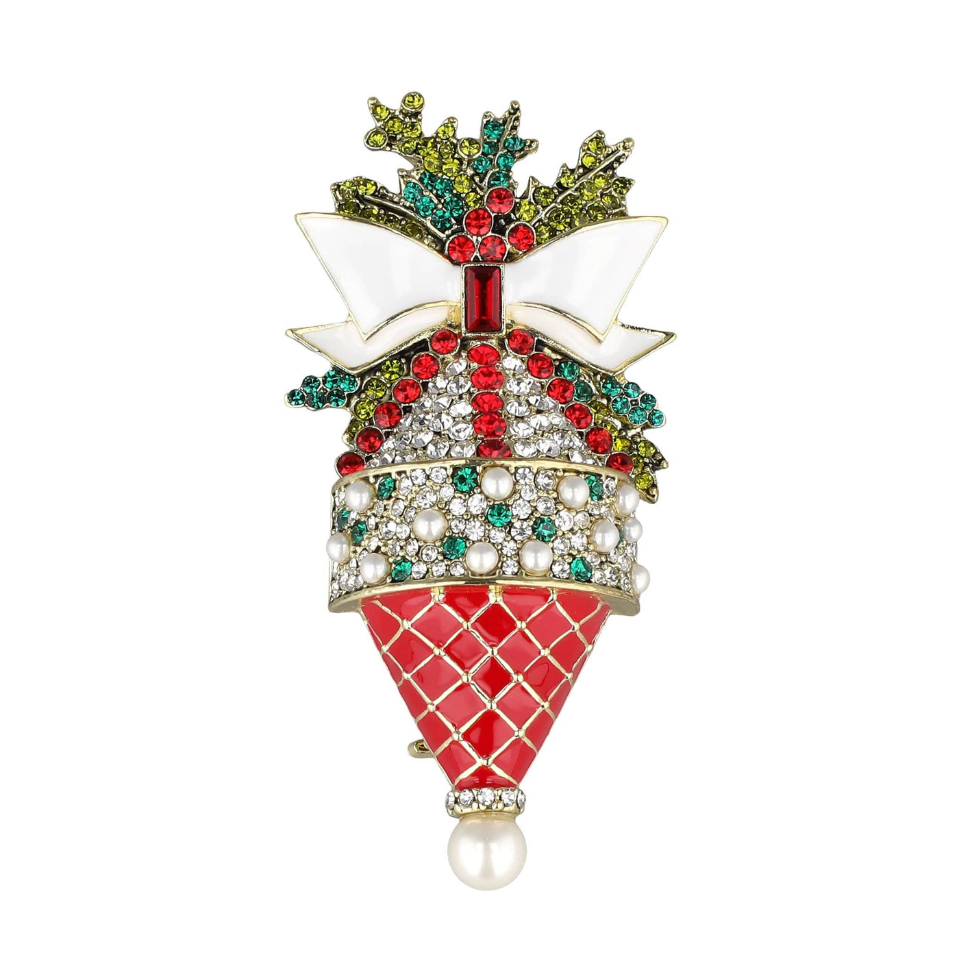Decorative brooch with red ice cream cone, white bow, and green and red gemstones on a white background