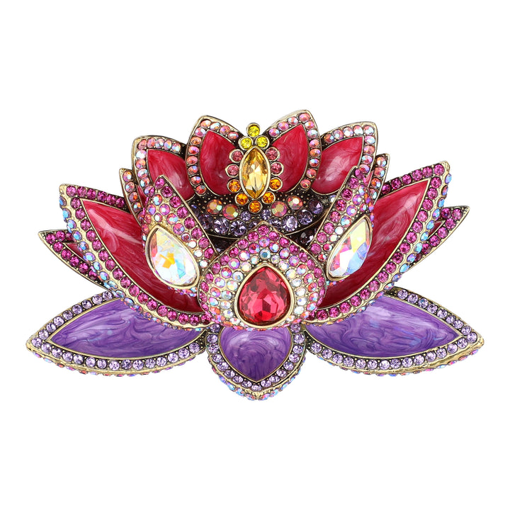 Heidi Daus Festival of Light Diwali lotus brooch, front view with pink and purple enamel and multicolor crystals.
