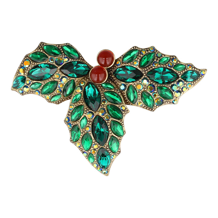 Holly Dazzle brooch with green crystal holly leaves and red bead berries
