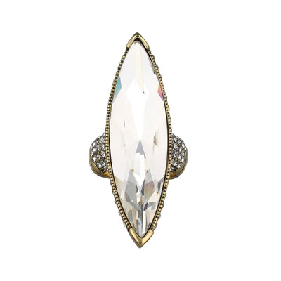 Ring with a large marquise-shaped crystal stone on a white background