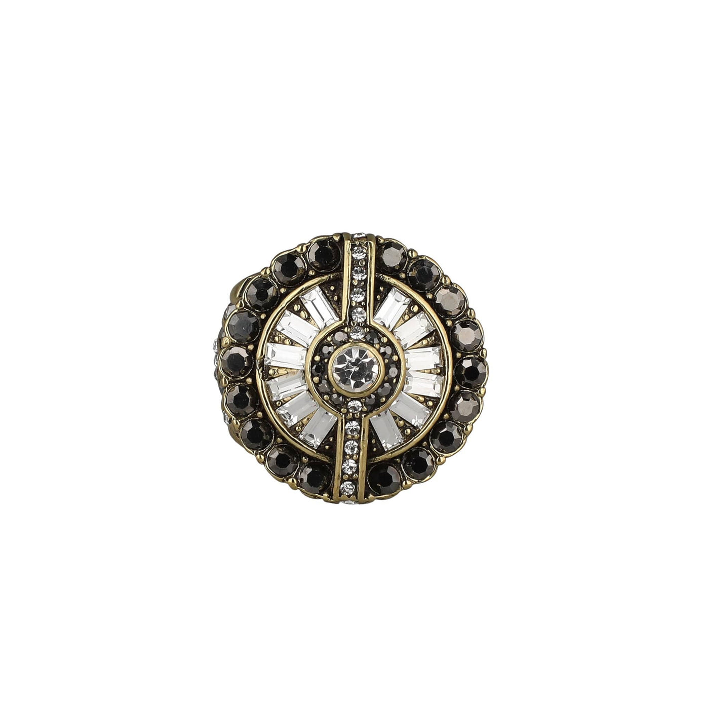 Decorative button with black and gold accents on a white background
