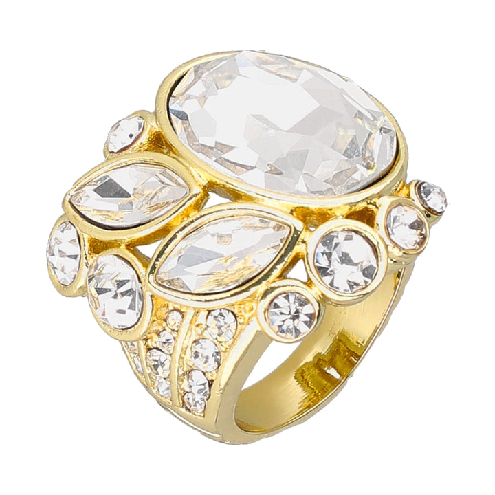 A gold ring featuring a large oval clear crystal centerpiece with multiple surrounding clear crystals in marquise and round settings, shown on a plain white background.