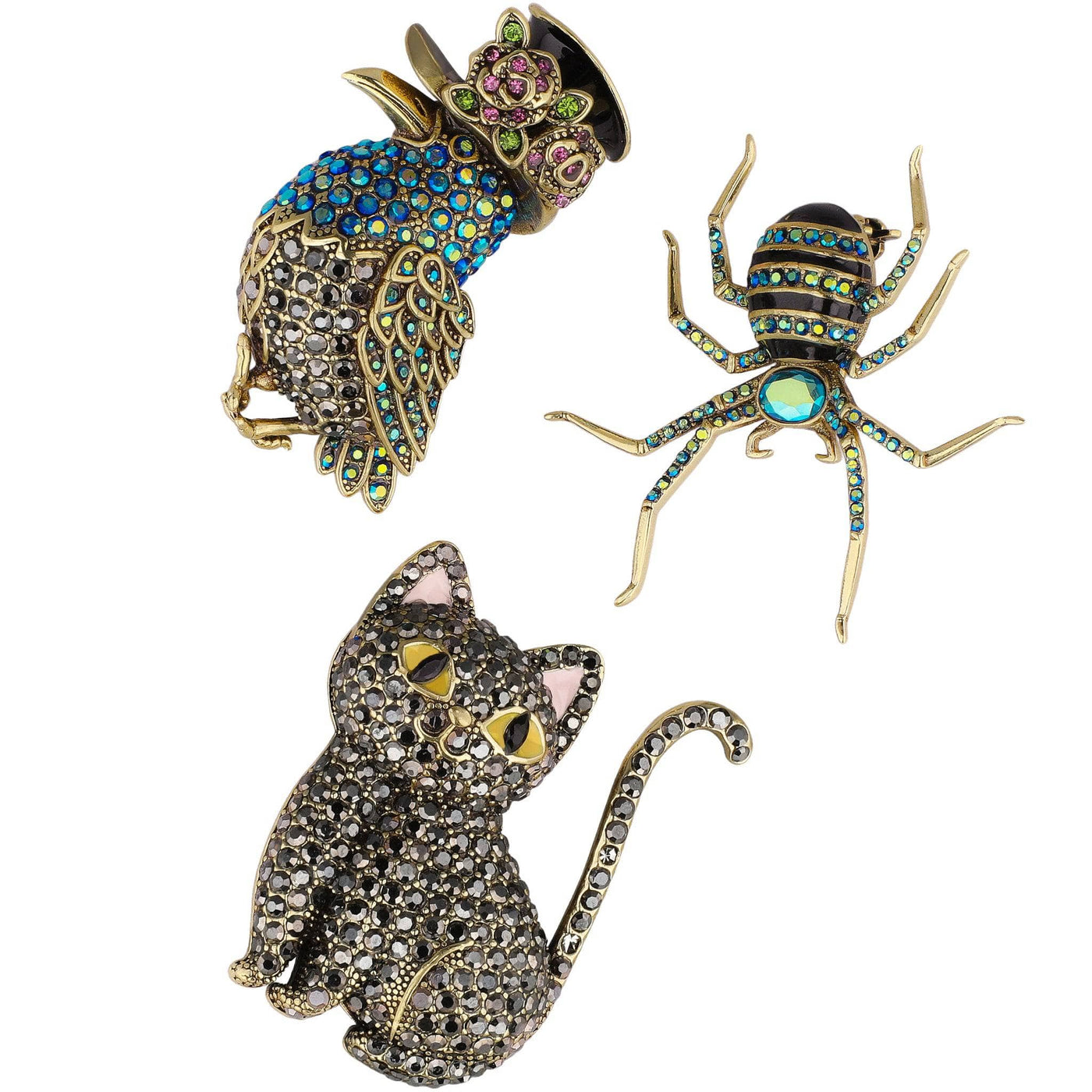 Heidi Daus® “Trick-or-Treat Sparkle Trio” Halloween Crystal Pin/Brooch Set – Raven, Cat & Spider