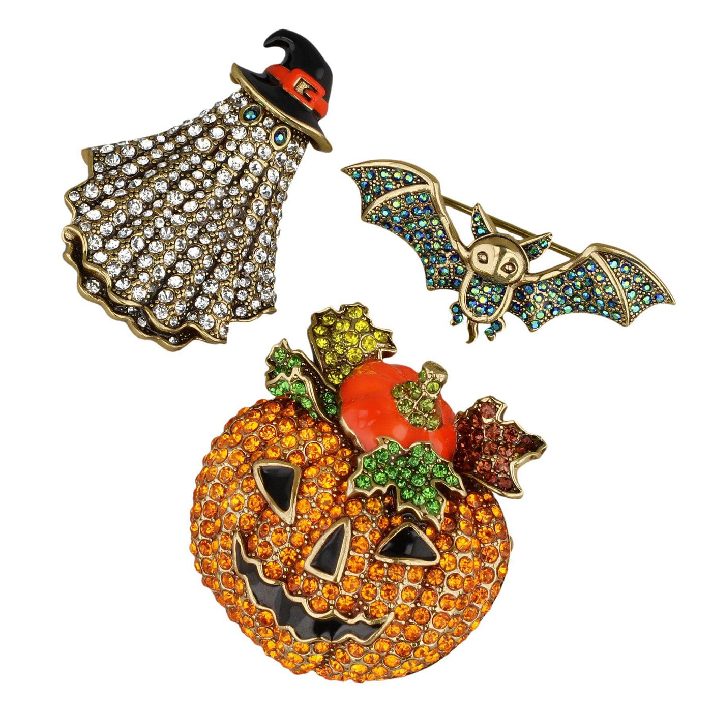 Heidi Daus® “Haunted Harvest Sparkle Trio” Halloween Crystal Pin/Brooch Set – Pumpkin, Ghost & Bat