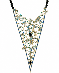 An ornate statement necklace featuring a gold-toned filigree vine design with green and turquoise-blue stones, accented by black teardrop gemstones and a black beaded top section, shown against a plain white background.