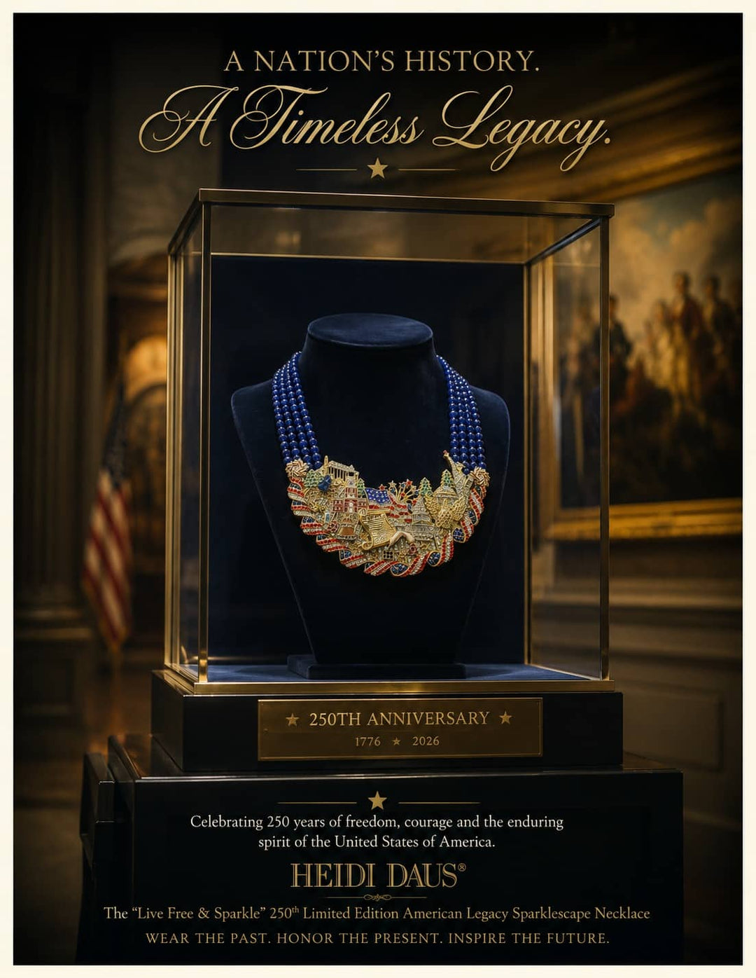 Necklace in a glass case with text about a nation&