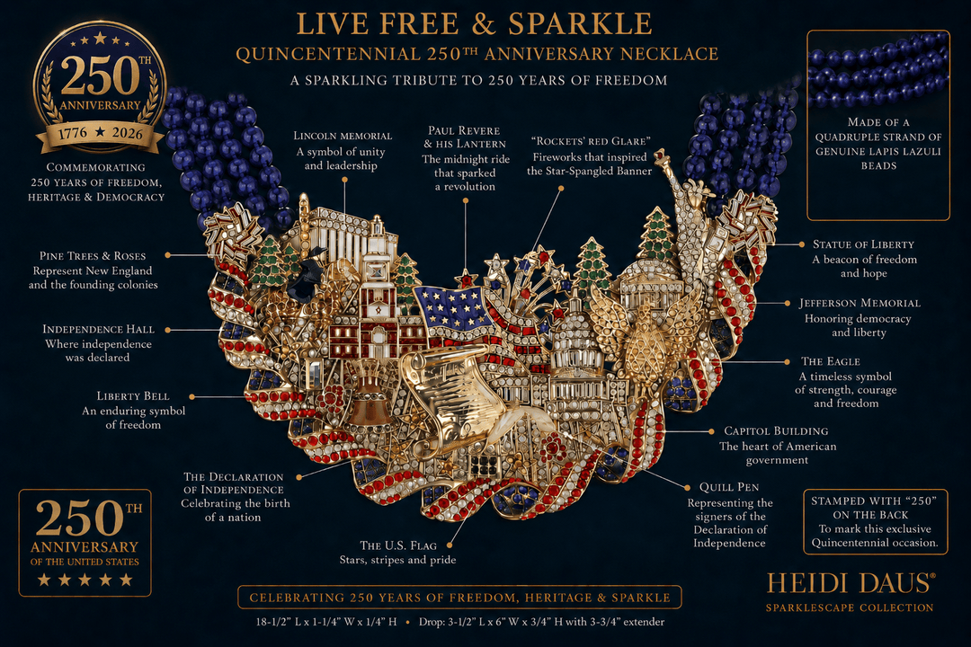 Quincenennial 250th Anniversary Necklace by Heidi Daus with detailed design and text on a dark background